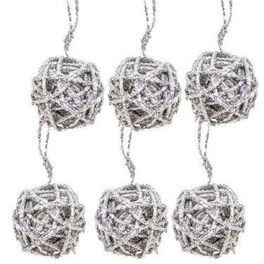 6 Set - 15 Silver Glitter Rattan Ball Ornaments - The Fox Decor